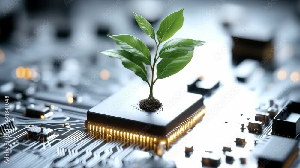 Poster plant on microchip surface. a plant sprouts from a microchip, symbolizing the fusion of technology a