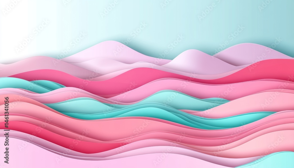 Poster abstract paper carved background, pastel mint and raspberry wave patterns, layered design