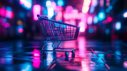 Shopping Cart in Futuristic Neon Cityscape at Night with Reflections on Wet Pavement
