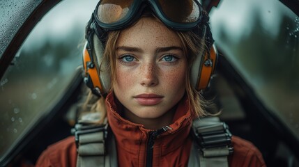 Young pilot with freckles, wearing goggles in cockpit, looking forward