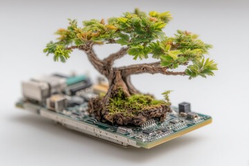 A bonsai-like tree with moss emerging from a computer motherboard, symbolizing the harmony of technology and nature