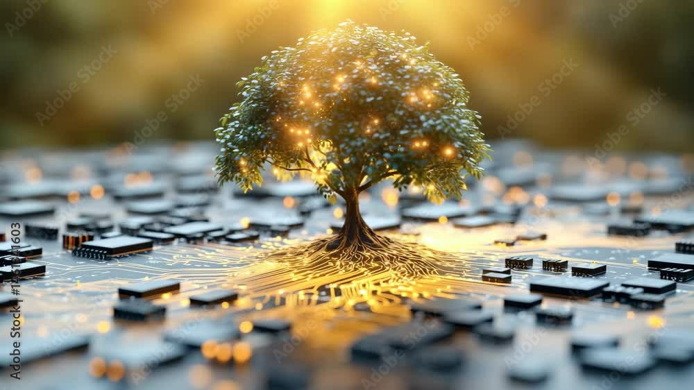Poster tree sprouts from circuit board. a tree grows from a circuit board in warm sunlight, symbolizing the