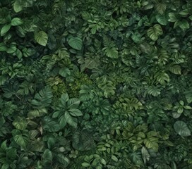 Thick emerald undergrowth, interwoven tropical leaves create a dense carpet ,  vibrant,  emerald