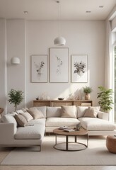 Bright, airy living room with minimalist furniture and decor , comfort, sophisticated, white walls