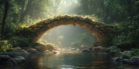 Fototapeta premium Stone arch bridge over stream in forest