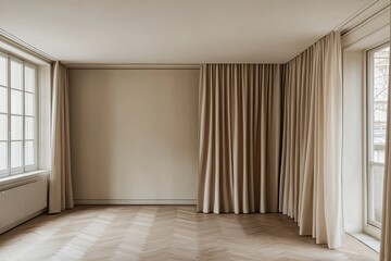 Empty room with light beige walls, curtains, and hardwood floors