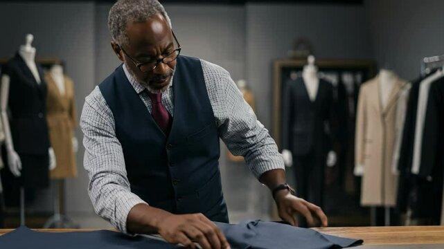 Middle-aged African American man tailoring fabrics in a well-lit workshop, showcasing attention to detail with various suit materials displayed in the background.