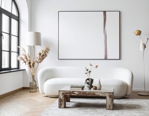 Grunge old accent coffee table near white sofa against arched window and white wall