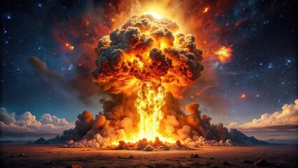 A massive inferno erupts in the night sky, with flames and sparks shooting upwards from a central point , flames, explosion