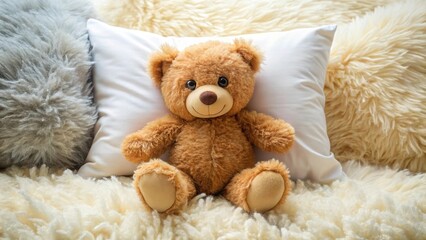 Adorable teddy bear lying on a plush pillow with soft, fluffy edges and a few scattered pillows in the background , relaxation, interior design