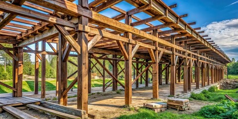 Wooden beams connected by iron sheet supports heavy wooden structures in a rural setting, architecture