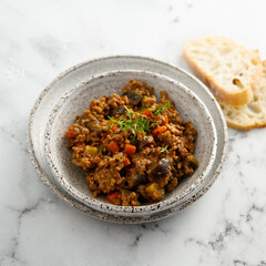 Minced beef ragout with eggplant
