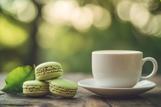 Fresh green macarons and coffee cup on a rustic wooden table