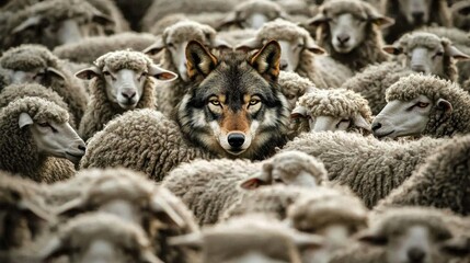 A deceptive wolf disguises itself within a flock of sheep.