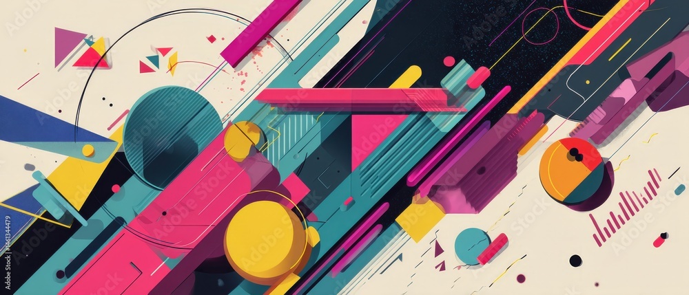 Poster dynamic abstract background with geometric shapes and vibrant colors in retro style concept of moder