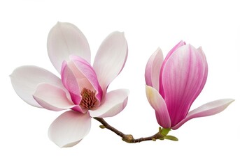 Magnolia blossom and bud on a branch, isolated on white background