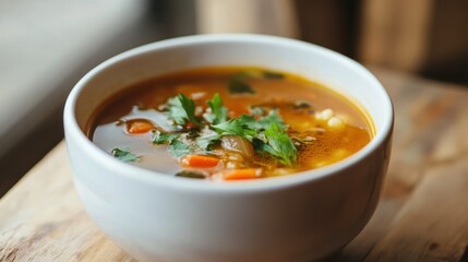bowl of soup, rich broth with fresh ingredients, warm and comforting 