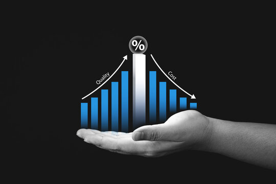 Hand showing Graph percentage with increasing of quality and decreasing cost on hand. Concept of cost and quality control, improving work efficiency or product production planning.