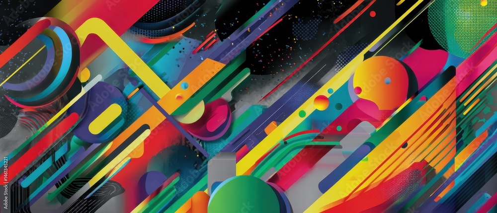 Poster dynamic abstract background with vibrant geometric shapes and colorful lines creating a modern, ener