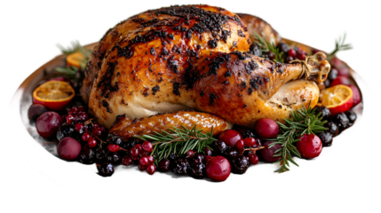 Holiday Thanksgiving turkey on platter on cut out background, ultra realistic picture for themed events and marketing materials