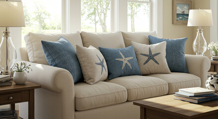 Fototapeta premium Coastal Living Room Decor Beige Sofa with Starfish Pillows Blue Accents