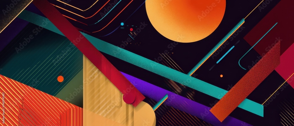 Poster vibrant abstract background with geometric shapes and retro color palette, creating a dynamic and mo