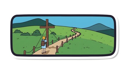 Pilgrim's Path Illustration with Cross and Traveler