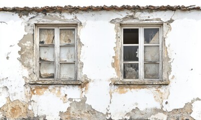 Weathered White Windows in a Crumbling Stucco Wall