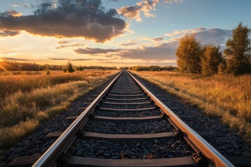 Fototapeta premium Railroad tracks leading into a golden sunset over a field