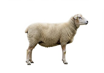 Fototapeta premium Full body view of a sheep standing in profile on a white background
