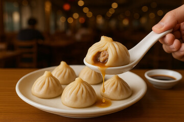  Xiaolongbao (soup buns) being served on a plate in a restaurant setting 