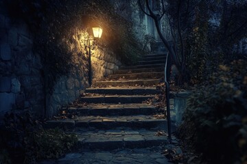 Stone steps at night, lit by a lamp, leading to a mysterious place