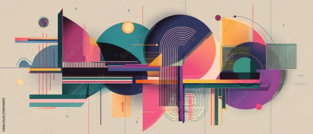Poster modern abstract geometric art with vibrant colors and dynamic shapes, creating a retro futuristic de