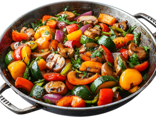 A delicious vegetable stir fry cooked in a wok on a transparent background, photorealistic rendering for digital menus, online recipe platforms and food promotions