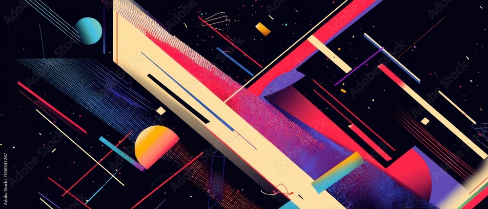 Aufkleber vibrant abstract background with geometric shapes and retro futuristic design, featuring bold colors