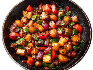 A delicious vegetable stir fry cooked in a wok on an isolated background, ultra realistic image for food blogs, social media content and culinary school materials