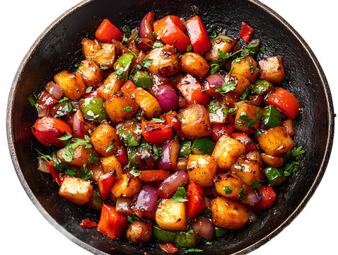 A delicious vegetable stir fry cooked in a wok on an isolated background, ultra realistic image for food blogs, social media content and culinary school materials