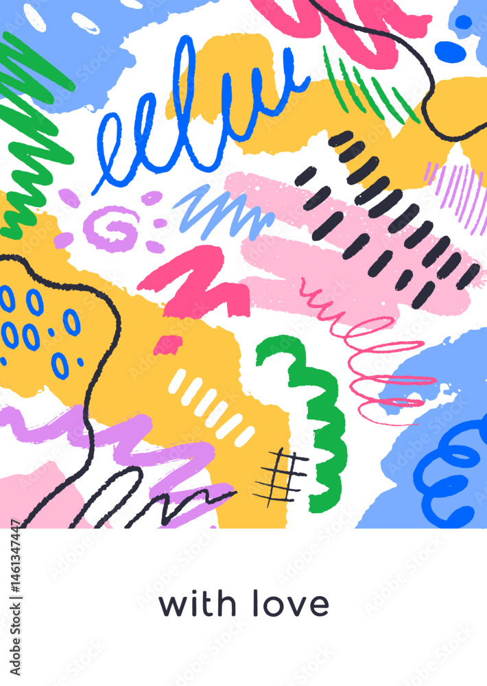 Aufkleber abstract card design. doodle shapes, scribble elements pattern on postcard with love phrase. creativ