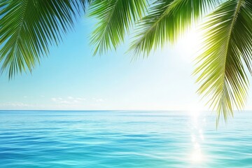 Fototapeta na wymiar Tropical Seascape with Lush Palm Leaves