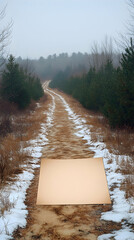 A tan square rests on a snow-dusted dirt road disappearing into a misty winter woodland