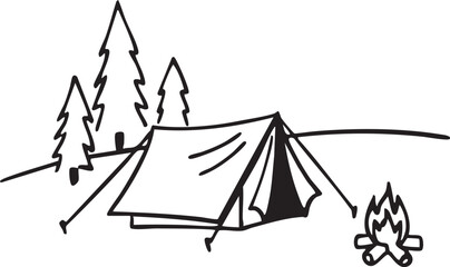 A tent is pitched beneath a of evergreen trees with a campfire nearby.