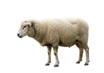 Isolated sheep standing in a field with white background