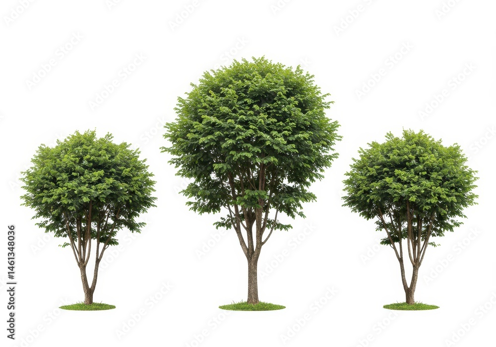 Poster three small trees with green leaves isolated on a white background in a row