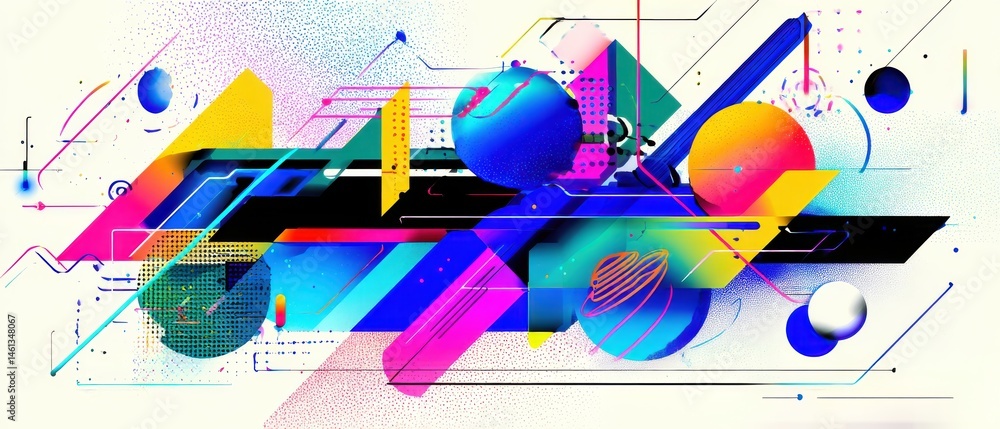Poster vibrant abstract geometric art with bold colors and dynamic shapes, creating a modern and energetic 