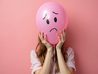 Woman holding pink balloon with sad face covering her face expressing negative emotion or feeling dejected. Concept of sadness, stress, and disappointment for mental health presentation.