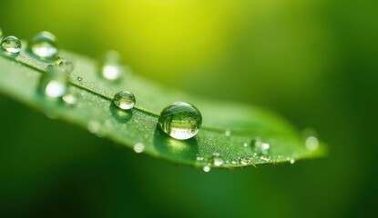 Close-up of fresh water droplets on a green leaf with a blurred green background, symbolizing purity, freshness, nature, and environmental care perfect for eco and wellness themed content