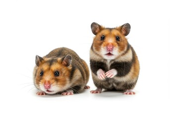 Obraz premium Two golden hamsters standing on a white background looking at the camera