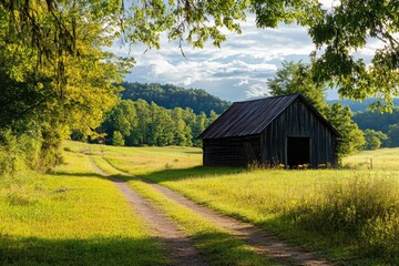 Obraz premium Rustic barn nestled in a sun-drenched valley