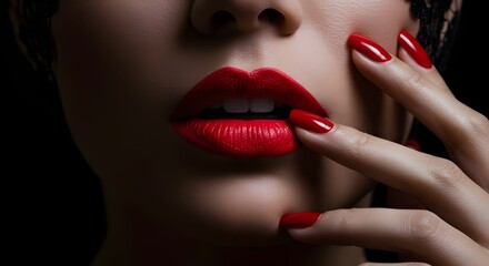 Fototapeta premium Red Lips and Manicured Nails Close-Up | Sensual Beauty Portrait for Cosmetics Advertising and Fashion Design