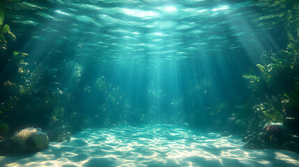 Obraz premium Sunbeams illuminate a serene underwater scene, revealing a sandy bottom and lush aquatic vegetation
